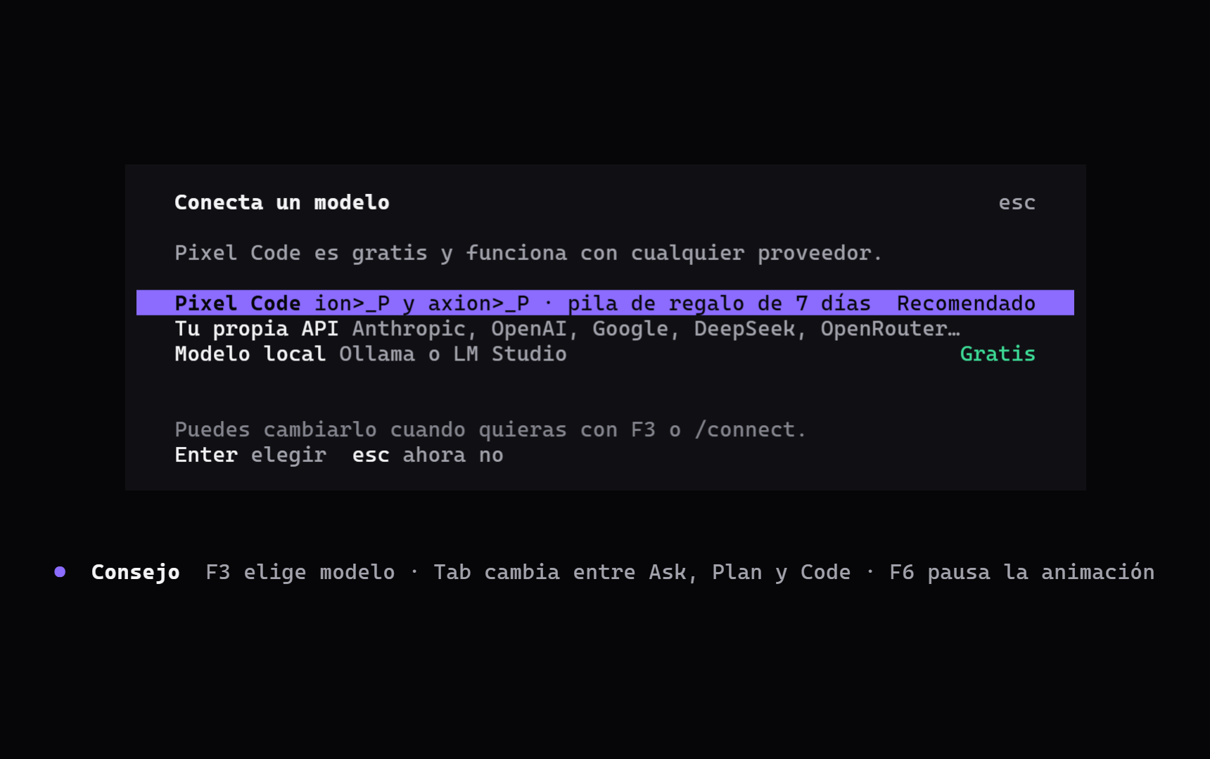 Diálogo «Conecta un modelo» en español: Pixel Code, tu propia API o un modelo local gratis