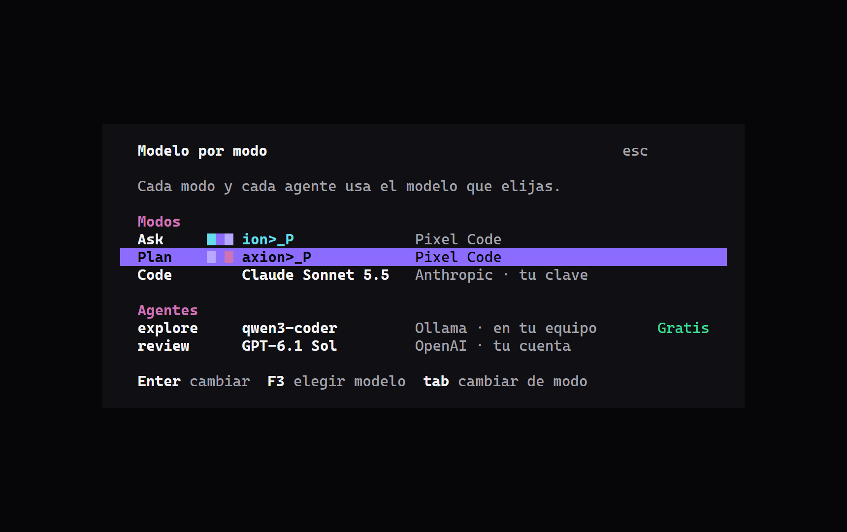 Diálogo «Modelo por modo» con ion>_P, axion>_P, un modelo de Anthropic y uno local de Ollama