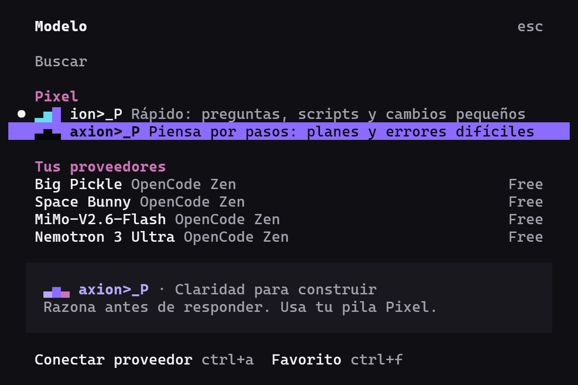 Selector de modelo con el grupo Pixel arriba (ion>_P y axion>_P) y tus proveedores debajo